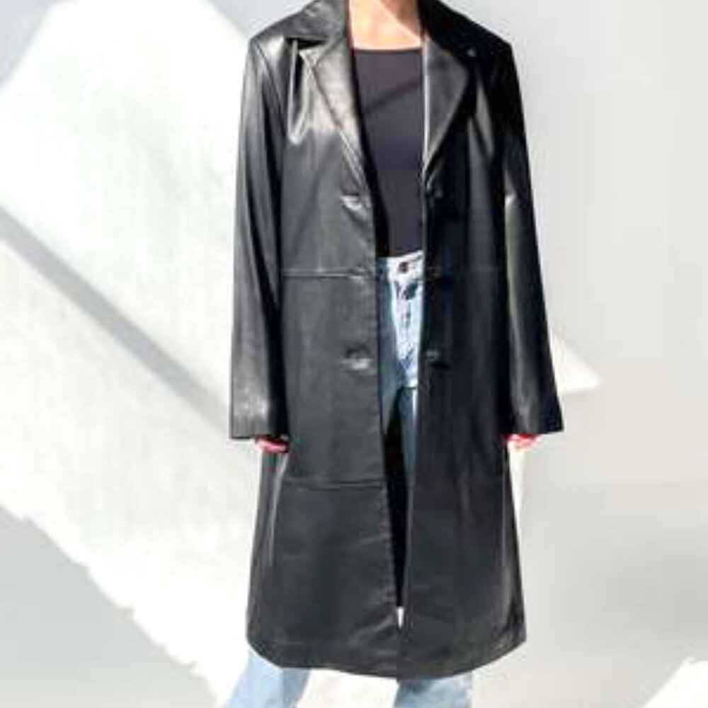 Siena Studio women's full length black leather coat.  NWOT
